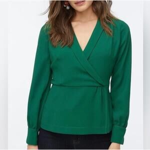 J Crew Green Drapey 365 Faux Wrap Top V Neck Blouse Size 2P‎